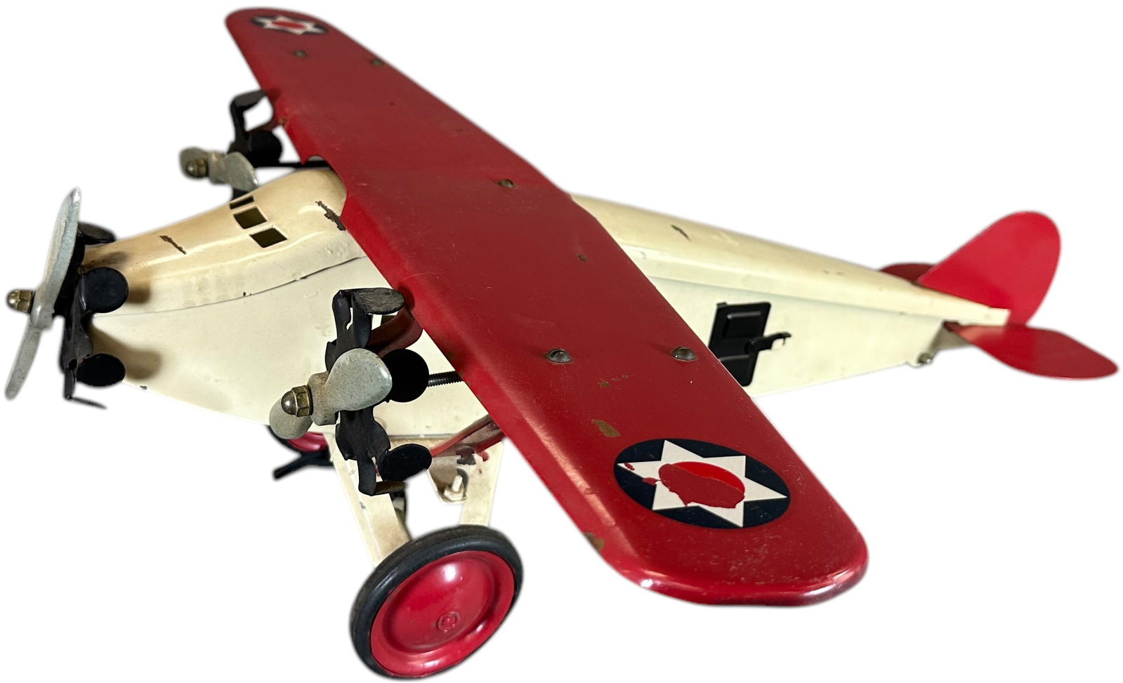 STEELCRAFT US MAIL TRI-MOTOR AIRPLANE: 420. STEELCRAFT US MAIL TRI-MOTOR AIRPLANE | 26.5" wings | Paint is restored, wing support bars have some chipped tabs where they meet wheel gear, displays in (Excellent Condition) | $150 - $300
