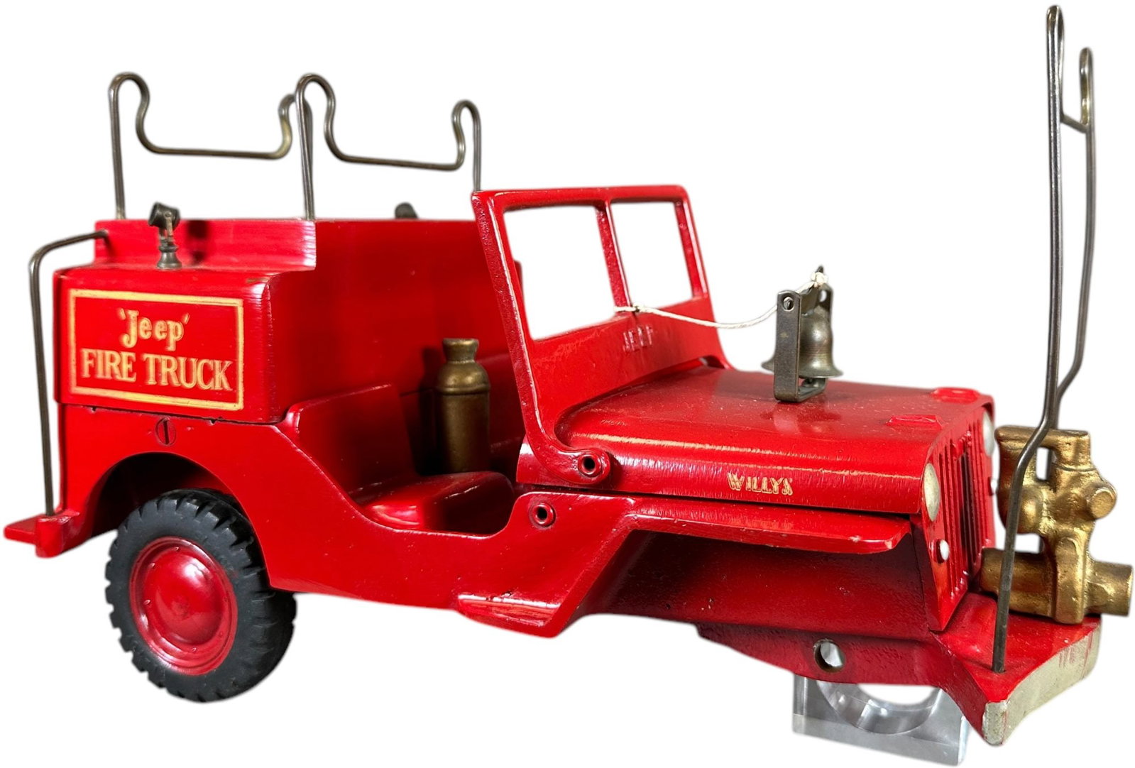 AL-TOY 1949 CJ-2A JEEP FIRE TRUCK: 439. AL-TOY 1949 CJ-2A JEEP FIRE TRUCK | 12" l. | Missing front axle & wheels, otherwise (Pristine Condition) | $300 - $600