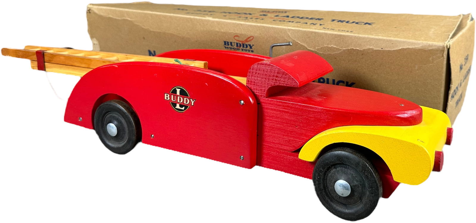 BOXED BUDDY L WOODEN HOOK & LADDER: 442. BOXED BUDDY L WOODEN HOOK & LADDER | Truck #359. | 21.5" l. | Box missing flaps on one end and has a tear in the middle, toy is unplayed with in (Near Mint Condition) | $300 - $500