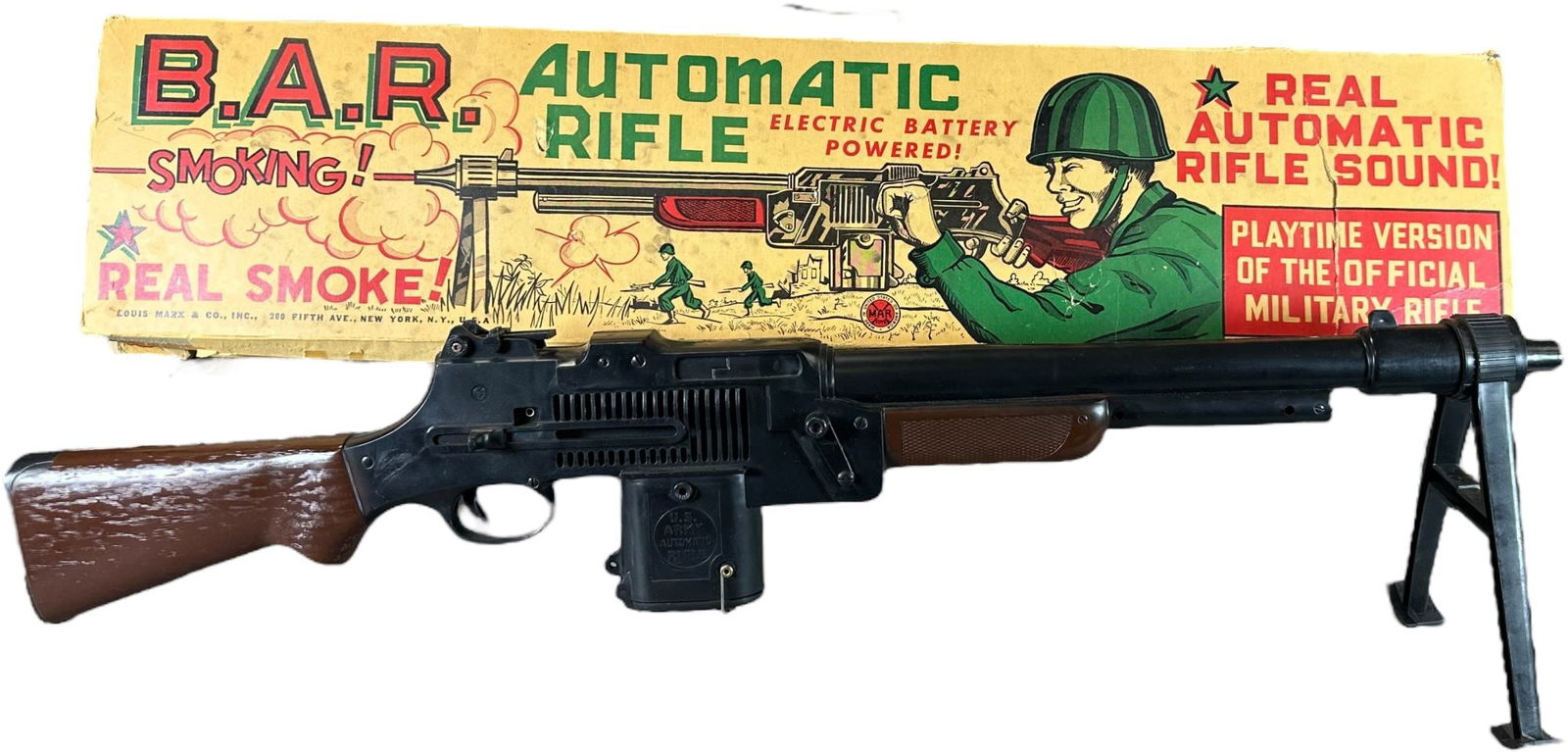 BOXED MARX BAR AUTOMATIC RIFLE CAP GUN: 449. BOXED MARX BAR AUTOMATIC RIFLE CAP GUN | Rare, with bi-pod. | 32" l. | Box has some small holes and tears, box (Very Good Condition), toy (Excellent to Pristine Condition) | $150 - $300