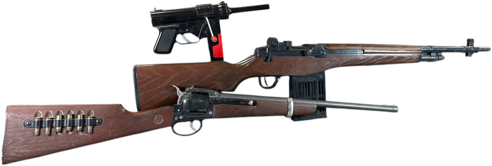 MARX & MATTEL CHILDRENS CAP GUNS: 450. MARX & MATTEL CHILDRENS CAP GUNS | Includes Marx M14, Mattel Colt Six Shooting Rifle and Mattel Grease Gun. | 34" l. | (Excellent Condition) | $75 - $150