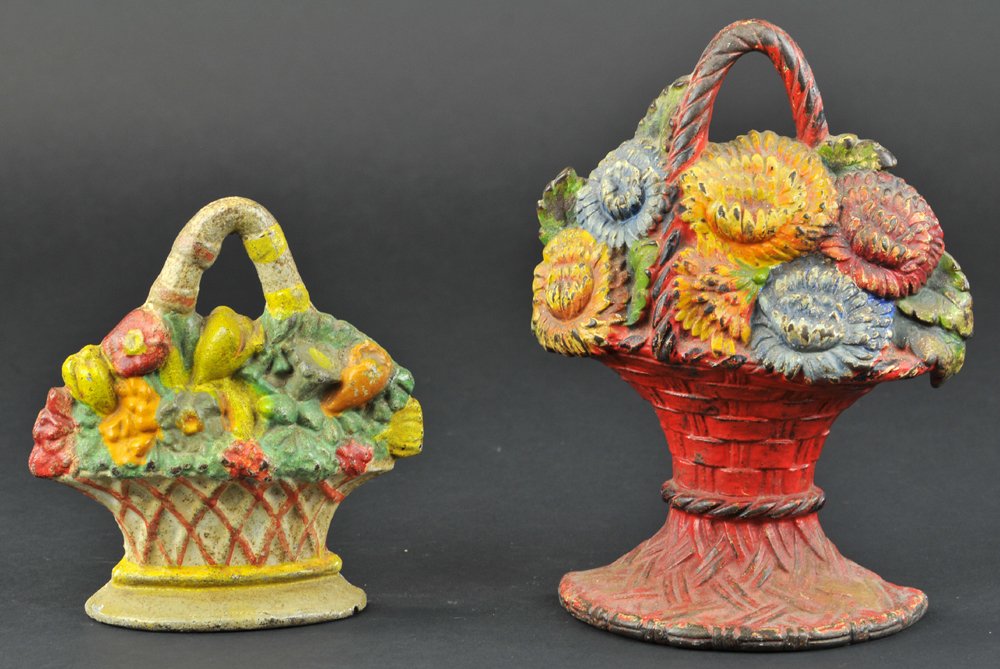 BASKET OF FRUIT & CHRYSANTHEMUMS DOORSTOPS: 6 1/2" to 9 1/2" h.