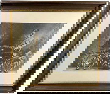 BELT DRIVEN SPECIAL MOTORCYCLE PHOTOGRAPH: 12. BELT DRIVEN SPECIAL MOTORCYCLE PHOTOGRAPH | Matted behind glass in wooden frame with minor scratches around perimeter. From the David Bausch Automobilia collection. | 24 x 21" l x h. | (Pristine C