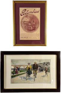FRAMED BICYCLE ART ADVERTISEMENTS: 42. FRAMED BICYCLE ART ADVERTISEMENTS | Columbia bicycle advertisement by Pope Manufacturing Company circa 1890 and bicycling "The River Drive Fairmont Park". Matted behind glass in wooden frames. | L