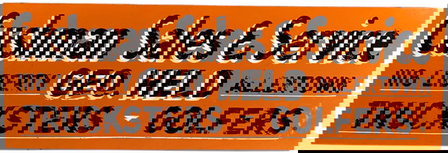 PORCELAIN CUSHMAN SALES & SERVICE SIGN: 66. PORCELAIN CUSHMAN SALES & SERVICE SIGN | One sided porcelain enameled advertising sign, Allentown PA. From a private Allentown collection, as found from decades of barn storage. Title is not inclu