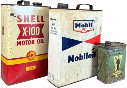 ITALIAN ALFA, SHELL & MOBIL MOTOR OIL CANS