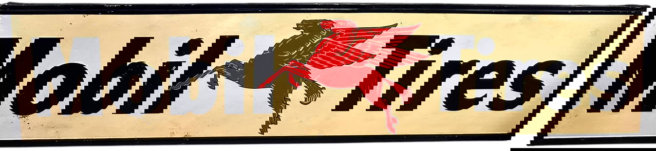 EXTRA LARGE MOBIL TIRES EMBOSSED TIN SIGN: 87. EXTRA LARGE MOBIL TIRES EMBOSSED TIN SIGN | Embossed tinplate sign with large lettering a nice Pegasus graphic at front, folded edges of sign with original wood backing. | 24" h. x 107" l. | (Exce