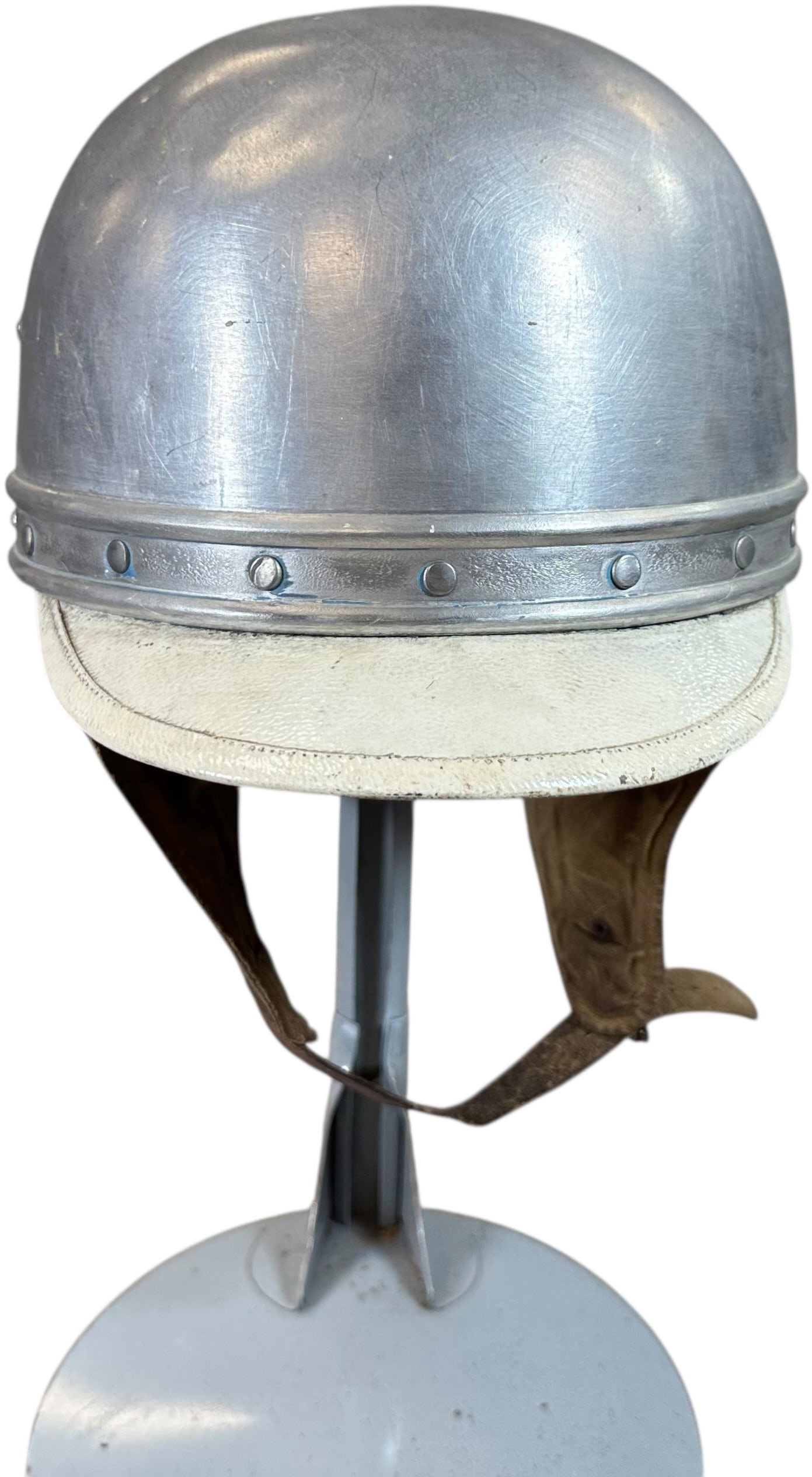 ITALIAN ADULT METAL RACE HELMET: 106. ITALIAN ADULT METAL RACE HELMET | From the Italian collection of Steno Tonelli. | 8" dia. | Some dents, otherwise (Very Good Condition) | $100 - $200