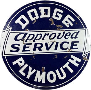 PORCELAIN DODGE PLYMOUTH DEALER SIGN: 134. PORCELAIN DODGE PLYMOUTH DEALER SIGN | Walker & Co. Detroit. Double sided porcelain enameled advertising service sign, scratches and edgewear from use. | 41" diameter | (Excellent Condition) | $1