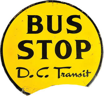CAST IRON DC TRANSIT BUS STOP SIGN: 142. CAST IRON DC TRANSIT BUS STOP SIGN | USA. | 11" h. | Bottom of sign chipped where would connect to post, (Very Good Condition) | $40 - $80