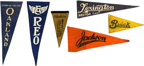 SIX SMALL AUTOMOBILE FELT PENNANTS