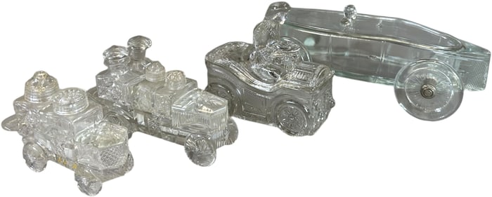 FOUR GLASS AUTOMOBILE CONDIMENT SETS