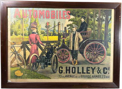 FRAMED HOLLEY & CO AUTOMOBILES ADVERTISEMENT: 166. FRAMED HOLLEY & CO AUTOMOBILES ADVERTISEMENT | Scene includes a bicycle, a motorbike, and an open runabout automotive awaiting a passing train at a RR crossing, this one checks several boxes! Beh
