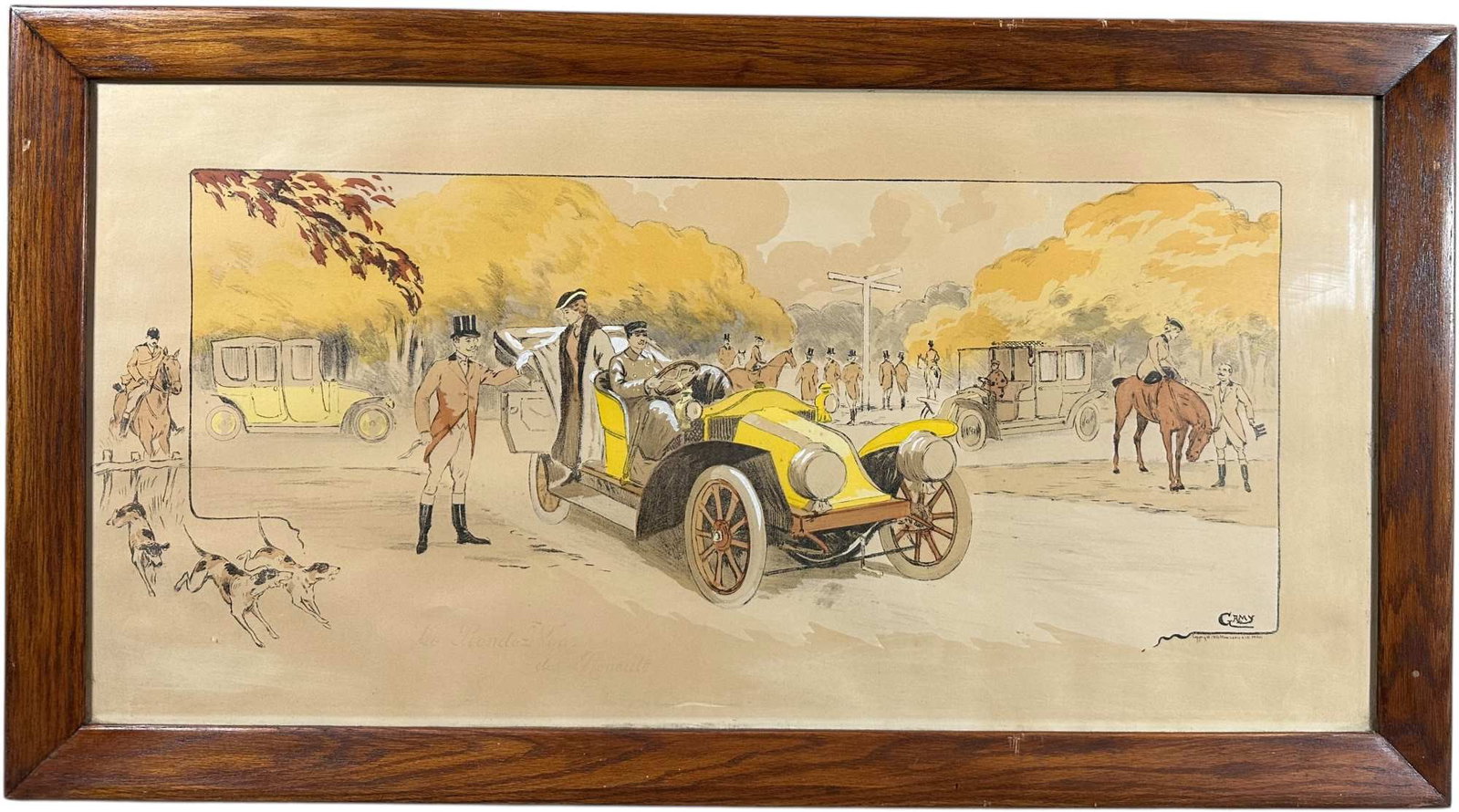 FRAMED GAMY RENAULT RENDEZ VOUX PRINT: 172. FRAMED GAMY RENAULT RENDEZ VOUX PRINT | Behind glass in wooden frame with some scratches around perimeter. From the David Bausch Automobilia collection. | 38 x 21" l x h. | Lithography shows even