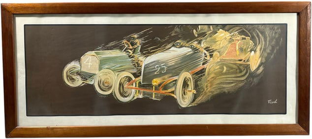 FRAMED EZNEL RACE CAR CHROMOLITHOGRAPH PRINT