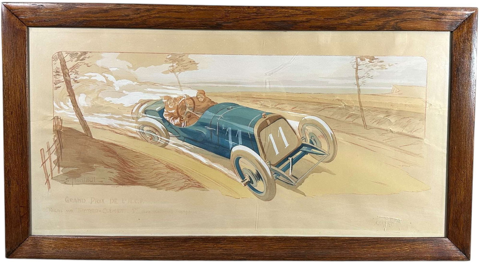 FRAMED MONTAUT GRAND PRIX COUNTRY PRINT: 224. FRAMED MONTAUT GRAND PRIX COUNTRY PRINT | Behind glass in wooden frame. From the David Bausch Automobilia collection. | 37.5 x 20.5" l x h. | Some tears and creases to paper, still displays nicel