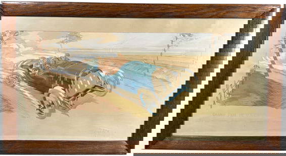 FRAMED MONTAUT GRAND PRIX COUNTRY PRINT: 224. FRAMED MONTAUT GRAND PRIX COUNTRY PRINT | Behind glass in wooden frame. From the David Bausch Automobilia collection. | 37.5 x 20.5" l x h. | Some tears and creases to paper, still displays nicel