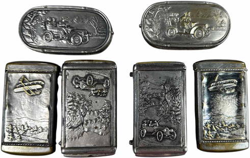 SIX SILVER PLATE TRANSPORTATION MATCH SAFES: 248. SIX SILVER PLATE TRANSPORTATION MATCH SAFES | Four nickel-plated automobile and two aeronautical match safes. From the David Bausch Automobilia collection. | 2.5" l. | (Very Good to Excellent Con