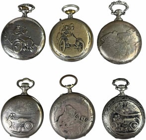 SIX AUTOMOTIVE THEME POCKET WATCHES