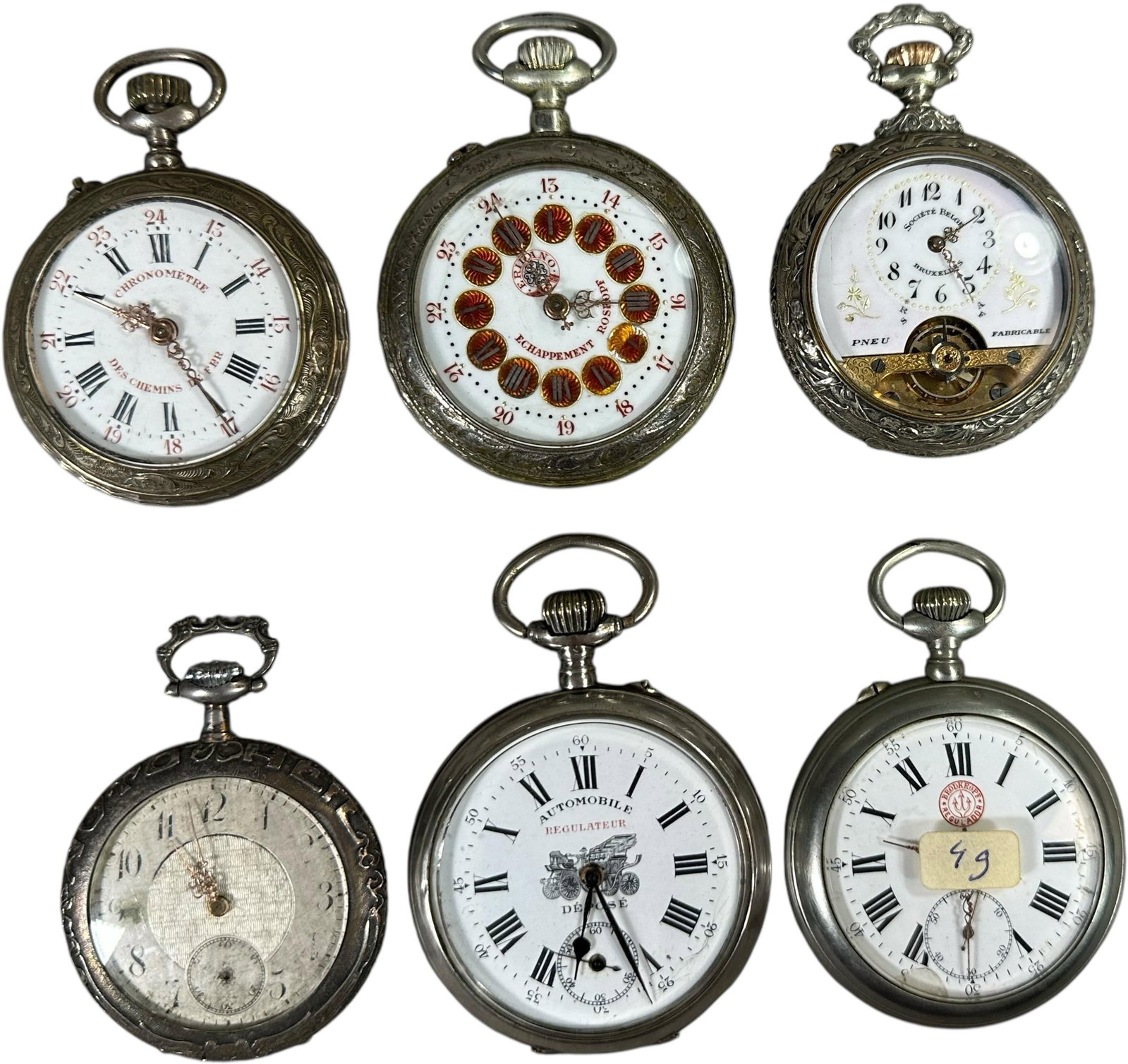 AUTOMOTIVE THEME POCKET WATCHES: 266. AUTOMOTIVE THEME POCKET WATCHES | From the David Bausch Automobilia collection. | 3" l. | Not winding or ticking, ranging from (Very Good Condition) to (Excellent Condition) | $800 - $1,600