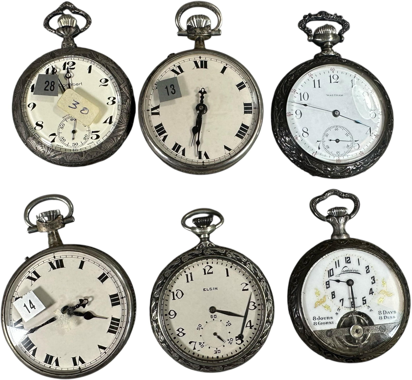 AUTOMOTIVE THEME POCKET WATCHES: 267. AUTOMOTIVE THEME POCKET WATCHES | From the David Bausch Automobilia collection. | 3" l. | #14 and the Waltham are both ticking, ranging from (Very Good Condition) to (Excellent Condition) | $700 
