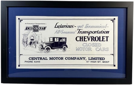 FRAMED CHEVROLET MOTOR CAR ADVERTISING POSTER