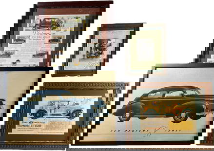 FOUR FRAMED AUTOMOBILE ADVERTISEMENTS: 271. FOUR FRAMED AUTOMOBILE ADVERTISEMENTS | Includes Chevy color brochure, c. 1927, Mercury 8 Sedan Dealership poster, c. 1939, 1927 paper advertisement for Hupmobile, and a Pedal car/garage/service