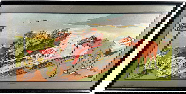 A MOLYNK HORSE POWER AUTOMOBILE PRINT: 274. A MOLYNK HORSE POWER AUTOMOBILE PRINT | Behind glass in wooden frame. From the David Bausch Automobilia collection. | 36 x 19" l x h. | Very colorful example, (Excellent Condition) | $300 - $600