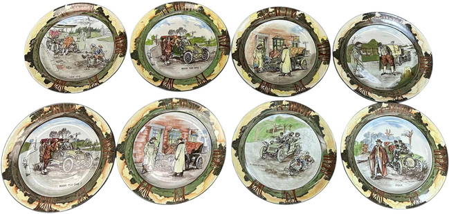 EIGHT ROYAL DOULTON AUTOMOTIVE PLATES: 294. EIGHT ROYAL DOULTON AUTOMOTIVE PLATES | Varied early automotive scenes appear on each plate. From the David Bausch Automobilia collection. | 9.5" dia. | A Nerve Tonic plate is a slightly differen