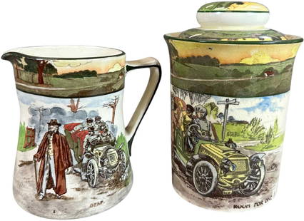 ROYAL DOULTON AUTOMOTIVE PITCHER & TOBACCO JAR: 296. ROYAL DOULTON AUTOMOTIVE PITCHER & TOBACCO JAR | The automotive theme tobacco jar is rather seldom found. From the David Bausch Automobilia collection. | 7" h. | (Pristine Condition) | $250 - $50
