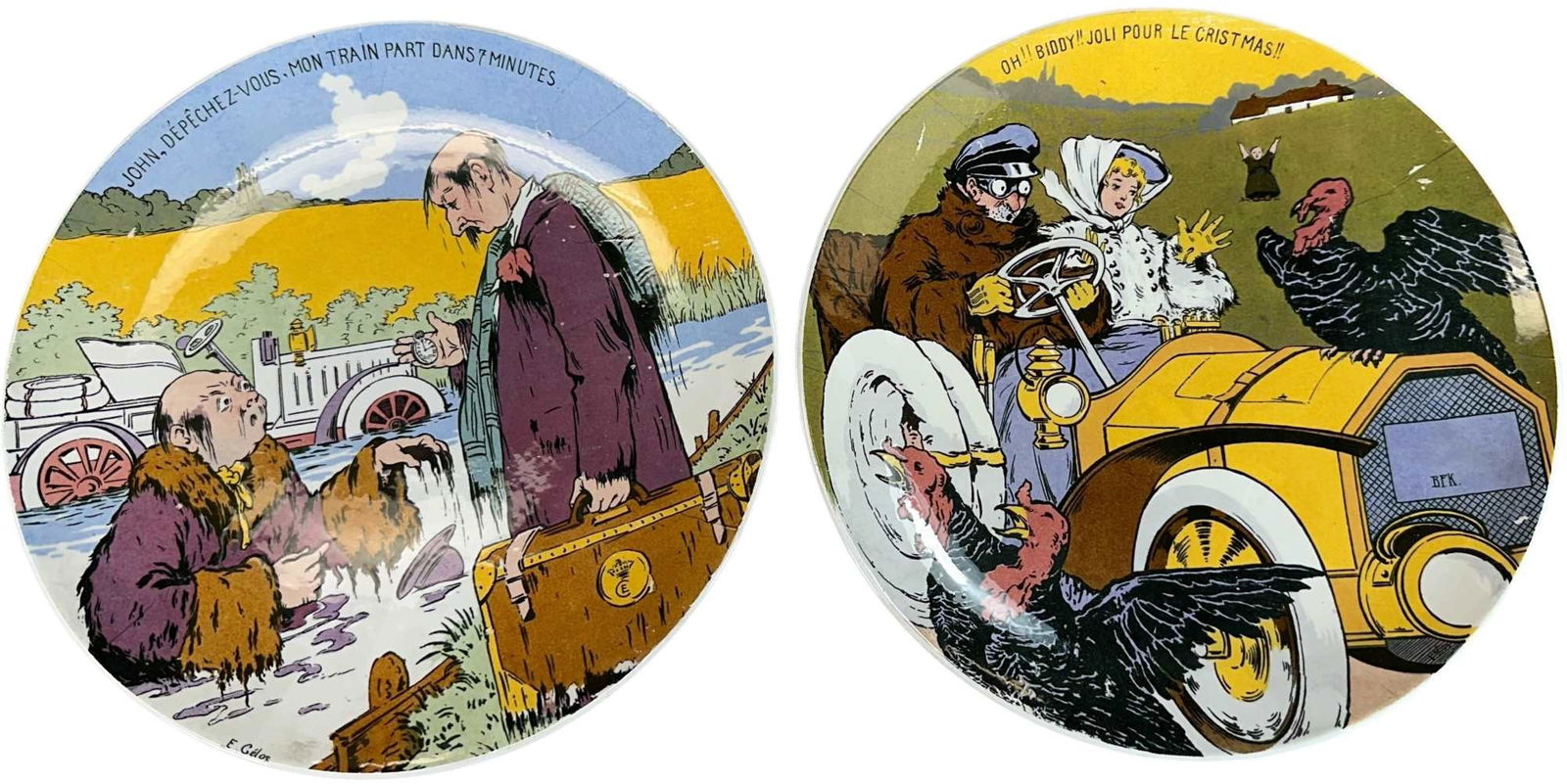 OUTSTANDING WHIMSICAL AUTOMOTIVE CHARGER PLATES: 301. OUTSTANDING WHIMSICAL AUTOMOTIVE CHARGER PLATES | France & Belgium charger plates, Christmas turkey dinner by Boch Fres Lalouviere, the water accident is illustrated by French artist Edouard Gilo