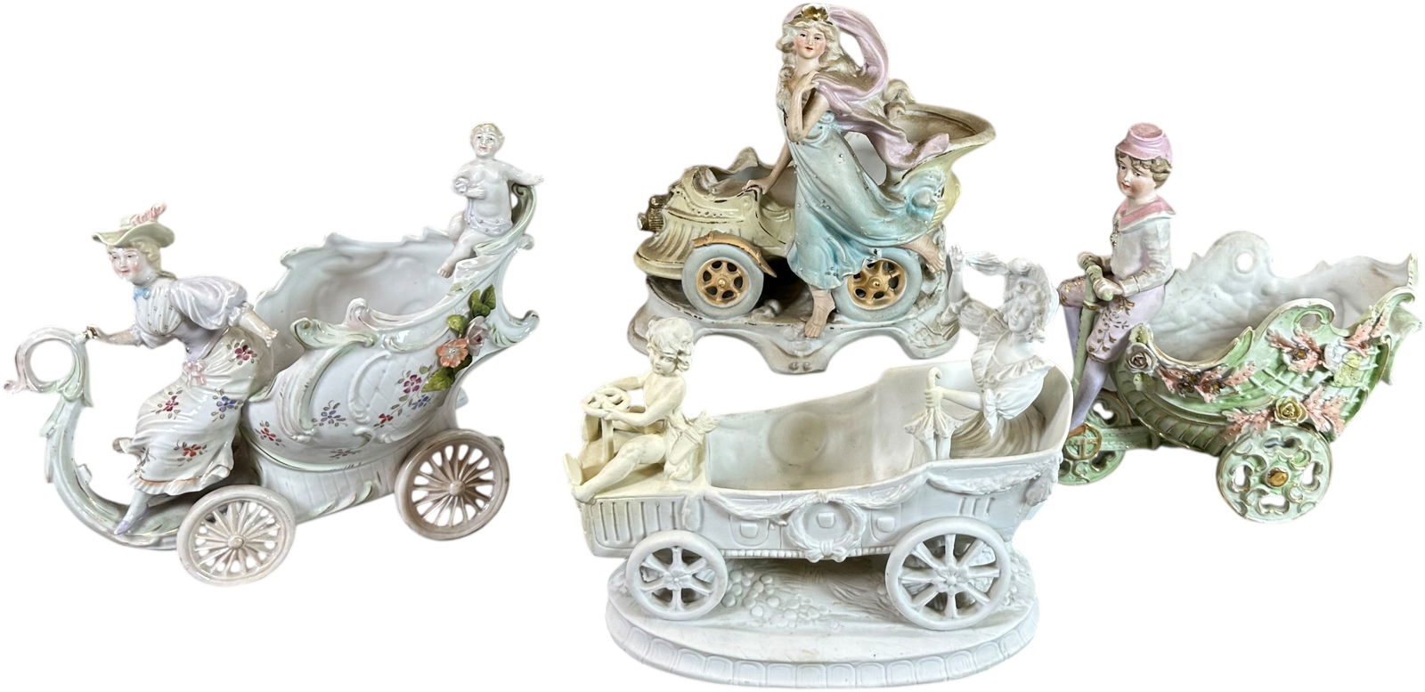 FOUR BISQUE AUTOMOTIVE THEME VASES (1 of 5)