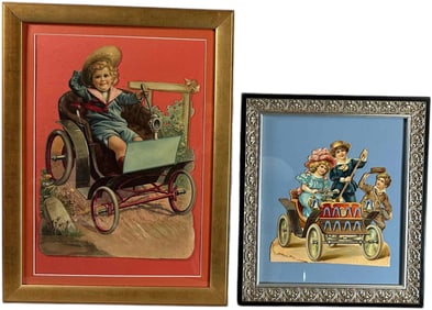 TWO FRAMED AUTOMOBILE DIE CUT CARDS