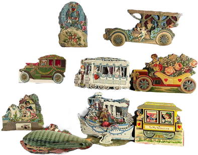 NINE TRANSPORTATION THEMED VALENTINES: 319. NINE TRANSPORTATION THEMED VALENTINES | Assorted transportation themes, wonderful die-cuts with tons of color. | 7" h. x 14" l. largest/blimp | (Excellent Condition) with minor age wear | $200 -