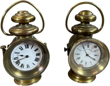 TWO BRASS HEADLAMP DESKTOP CLOCKS