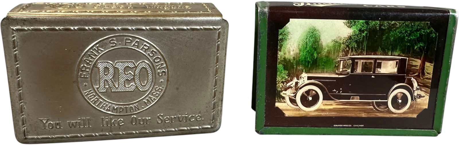 TWO ADVERTISING AUTOMOBILE MATCH SAFES (1 of 4)