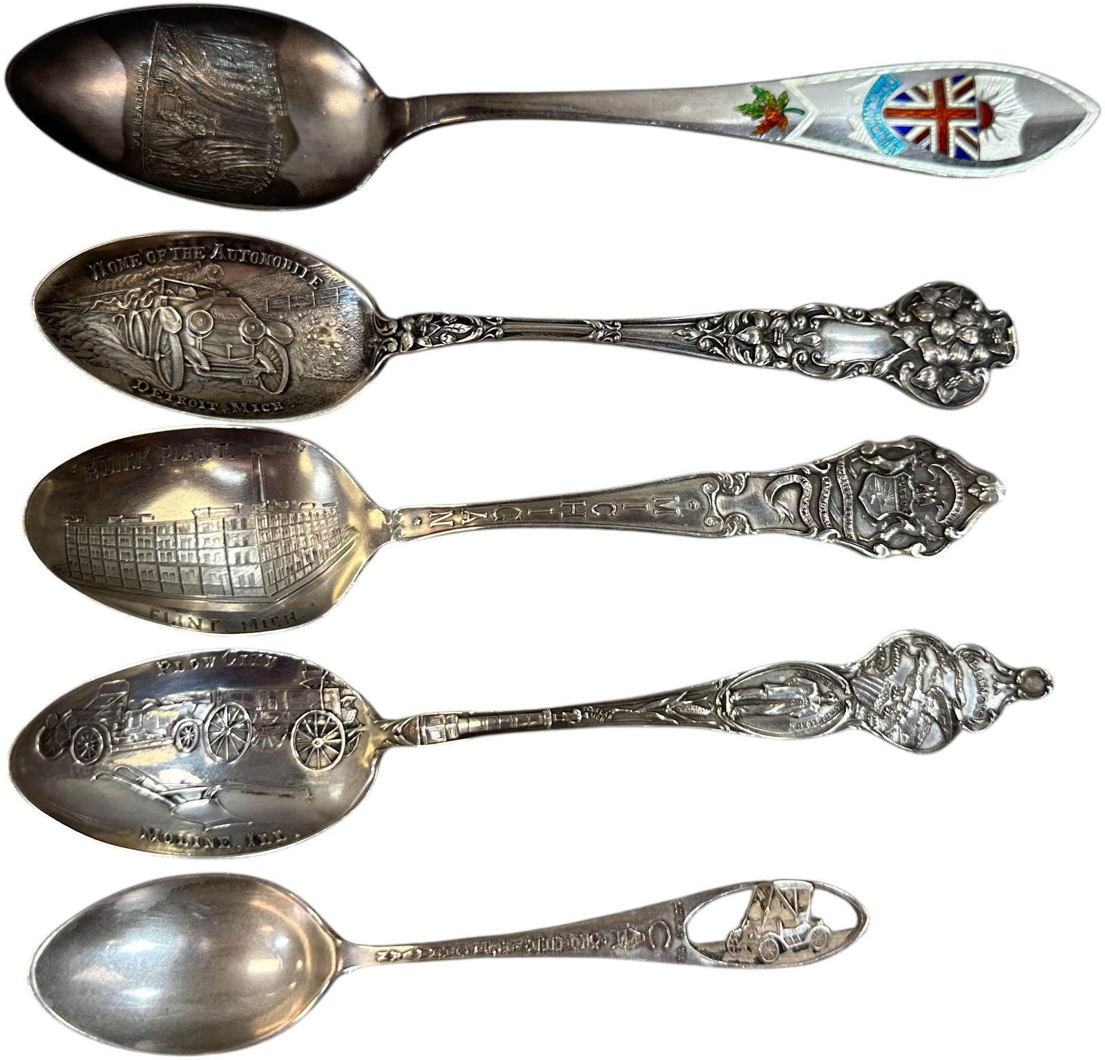FIVE STERLING SILVER AUTOMOTIVE SOUVENIR SPOONS (1 of 5)