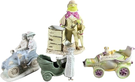 FOUR AUTOMOBILE THEME PORCELAIN PIECES