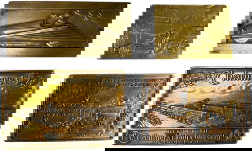 FOUR BRONZE AUTOMOBILE PAPERWEIGHTS: 337. FOUR BRONZE AUTOMOBILE PAPERWEIGHTS | Brass decorative and promotional paperweights and plates. From the David Bausch Automobilia collection. | 3.5" l. | (Excellent to Pristine Condition) | $400