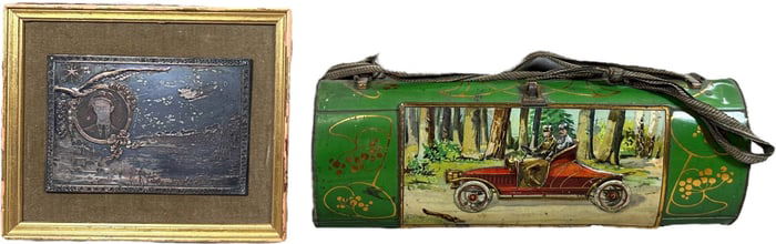 LITHOGRAPHED AUTOMOBILE LUNCHBOX W/ BRONZE PLAQUE