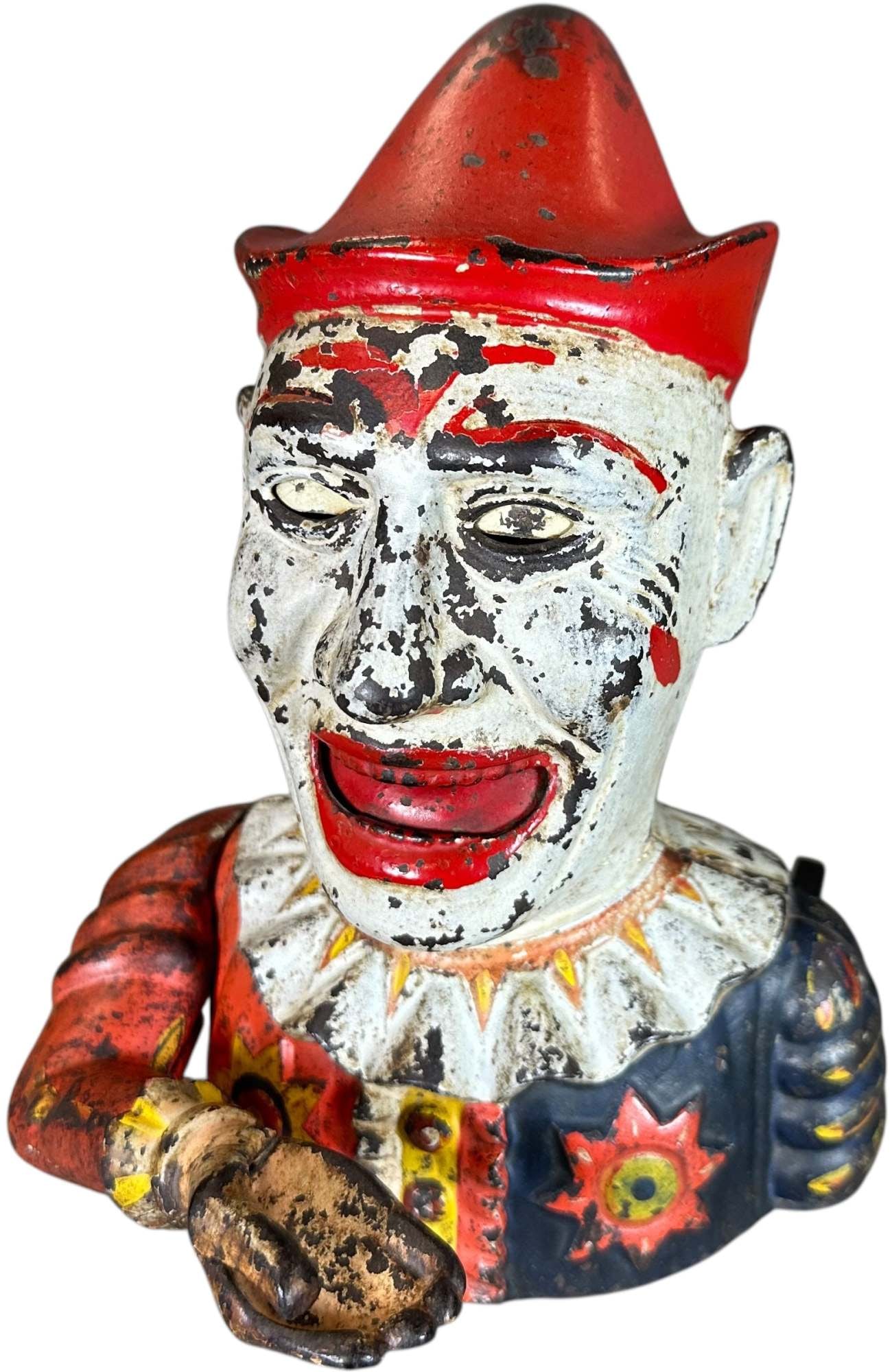 HUMPTY DUMPTY MECHANICAL BANK: 103. HUMPTY DUMPTY MECHANICAL BANK | Shepard Hardware Co. | 7.5" h. | Red hat appears to have old overpaint which is properly crazed and reflects OK under blacklight UV, (Very Good Condition) | $300 -