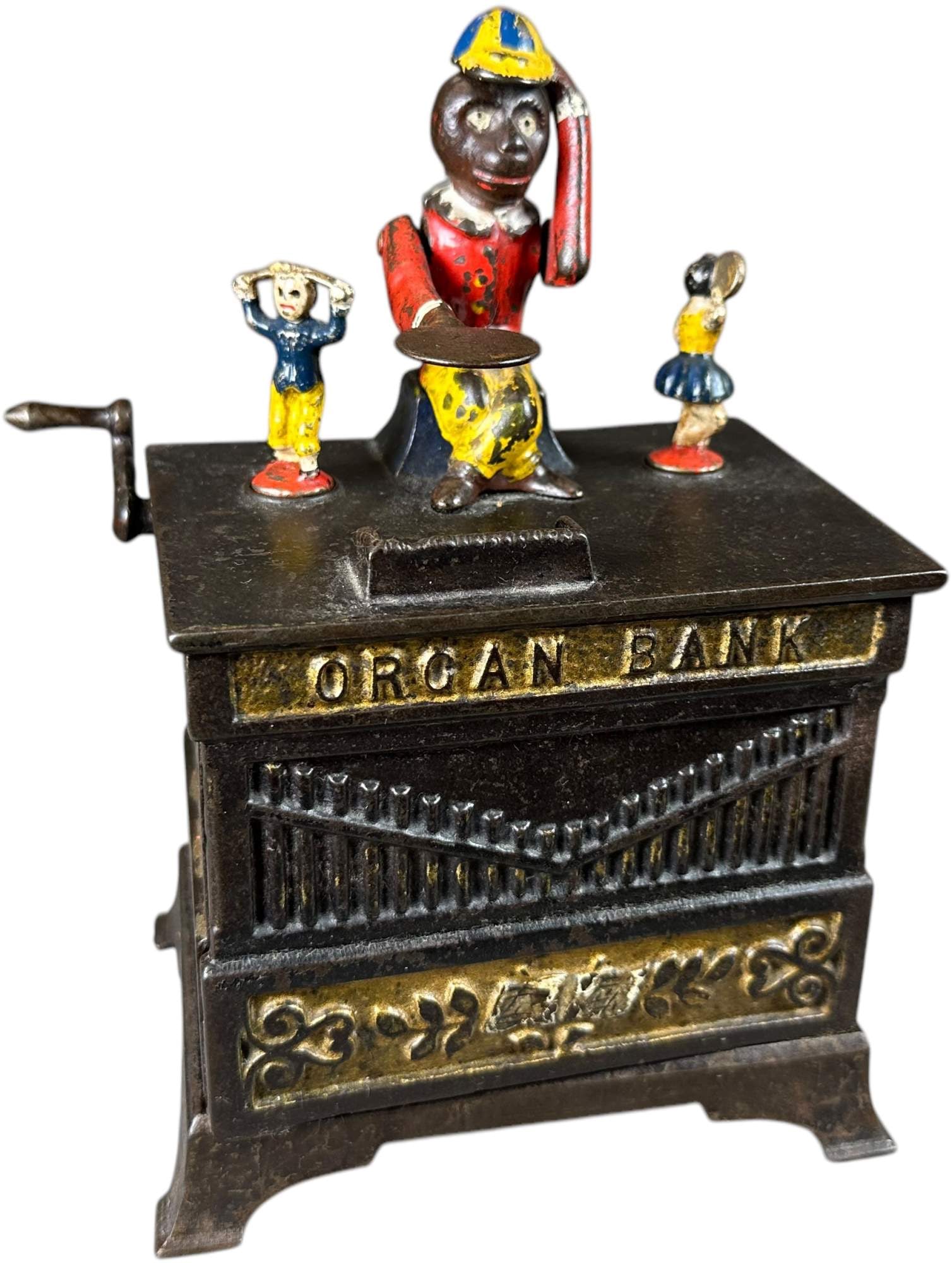 ORGAN BANK MECHANICAL BANK: 182. ORGAN BANK MECHANICAL BANK | Kyser & Rex Co. | 8.5" h. | Monkeys arms & dancing figures are repainted, missing coin trap, displays as (Excellent Condition) | $300 - $600