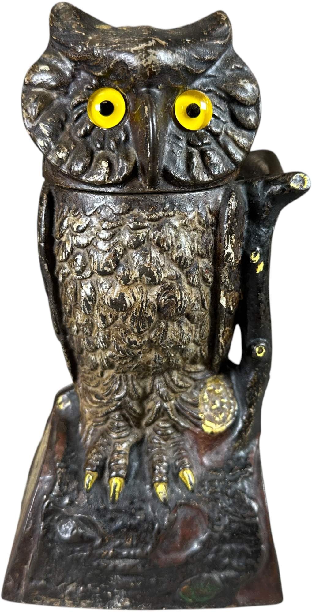 OWL TURNS HEAD MECHANICAL BANK: 213. OWL TURNS HEAD MECHANICAL BANK | J&E Stevens Co. | 7.5" h. | (Very Good to Excellent Condition) | $250 - $500