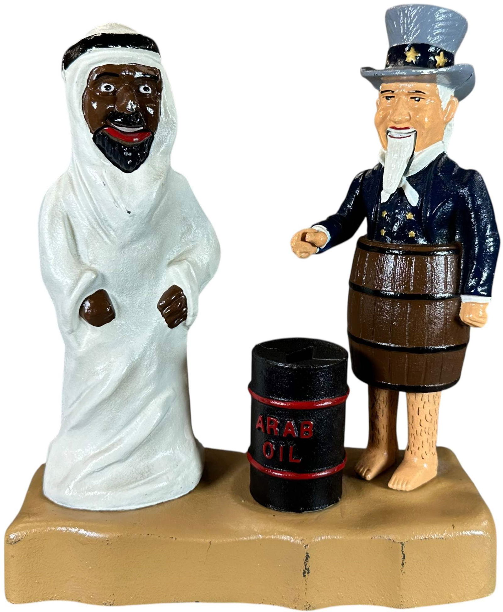 UNCLE SAM & ARAB OIL MECHANICAL BANK: 253. UNCLE SAM & ARAB OIL MECHANICAL BANK | John Wright. Provenance: David Bausch Collection. | 11.5" h. | (Pristine Condition) | $200 - $400