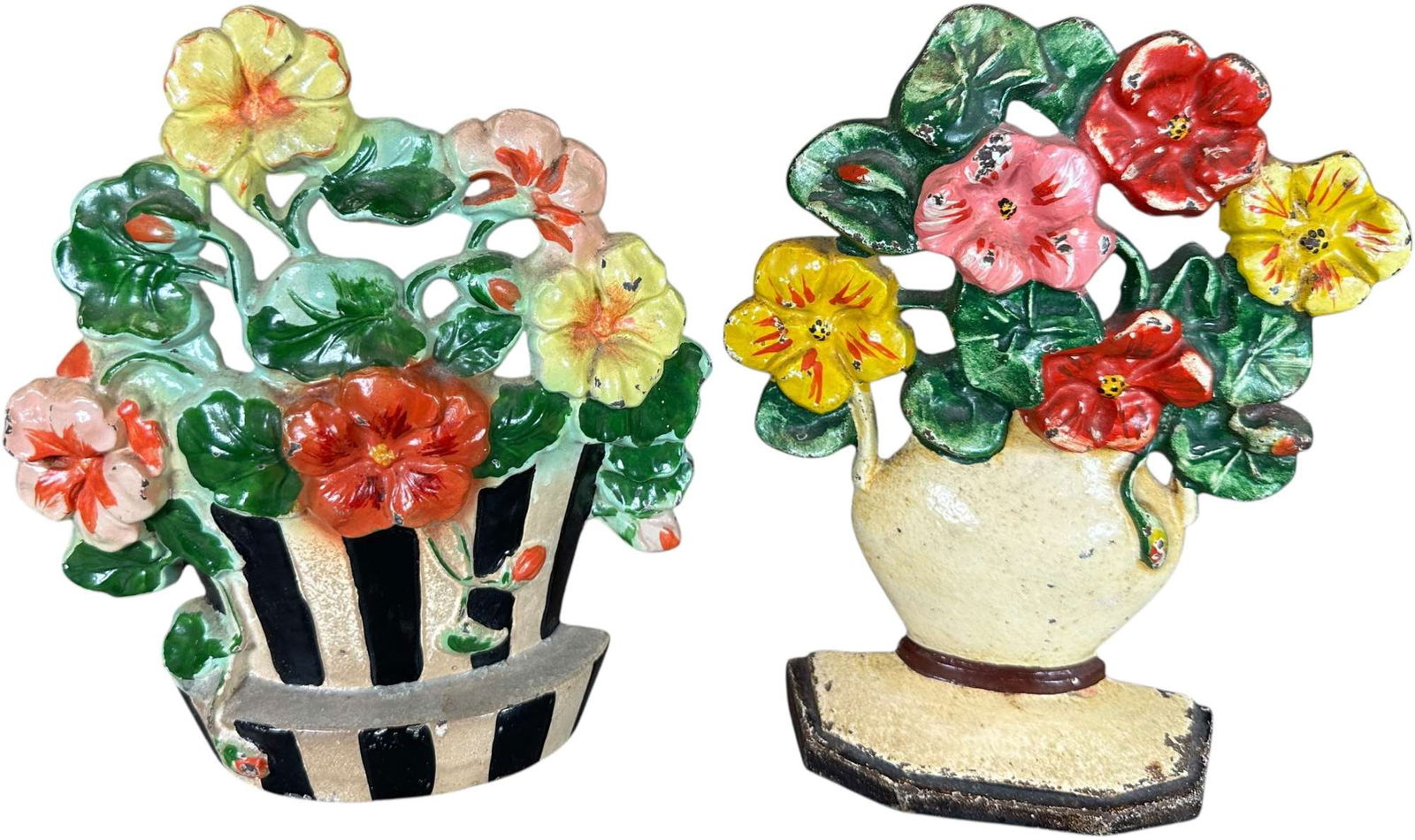 NASTURTIUMS AND POPPIES FLOWER DOORSTOPS: 327. NASTURTIUMS AND POPPIES FLOWER DOORSTOPS | Hubley of Lancaster PA. | 7" h. | (Pristine Condition) to (Near Mint Condition) | $100 - $200