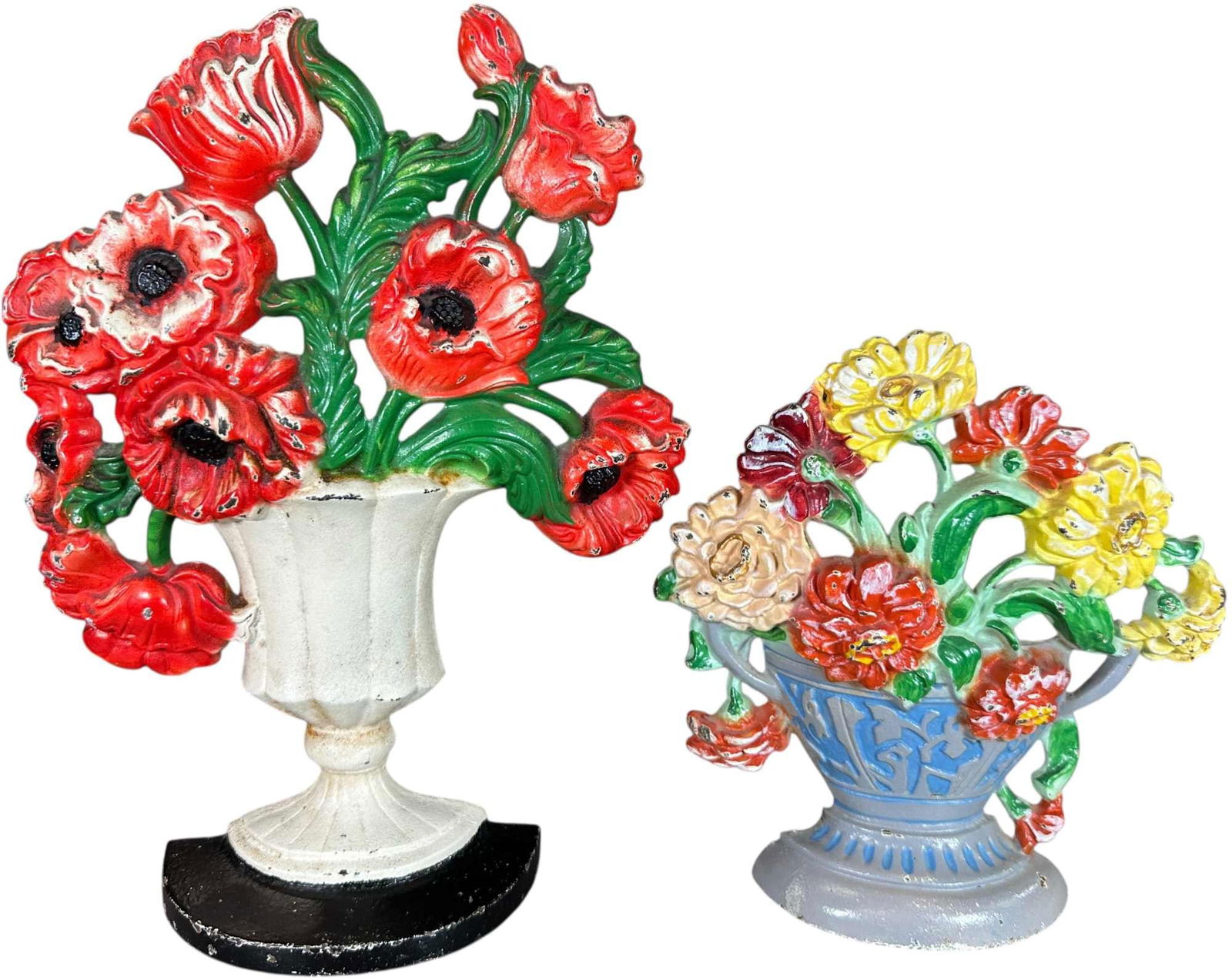 HUBLEY POPPIES AND ZINNIAS DOORSTOPS: 328. HUBLEY POPPIES AND ZINNIAS DOORSTOPS | Hubley of Lancaster PA. | 10.5" h. | (Pristine to Near Mint Condition) | $100 - $200