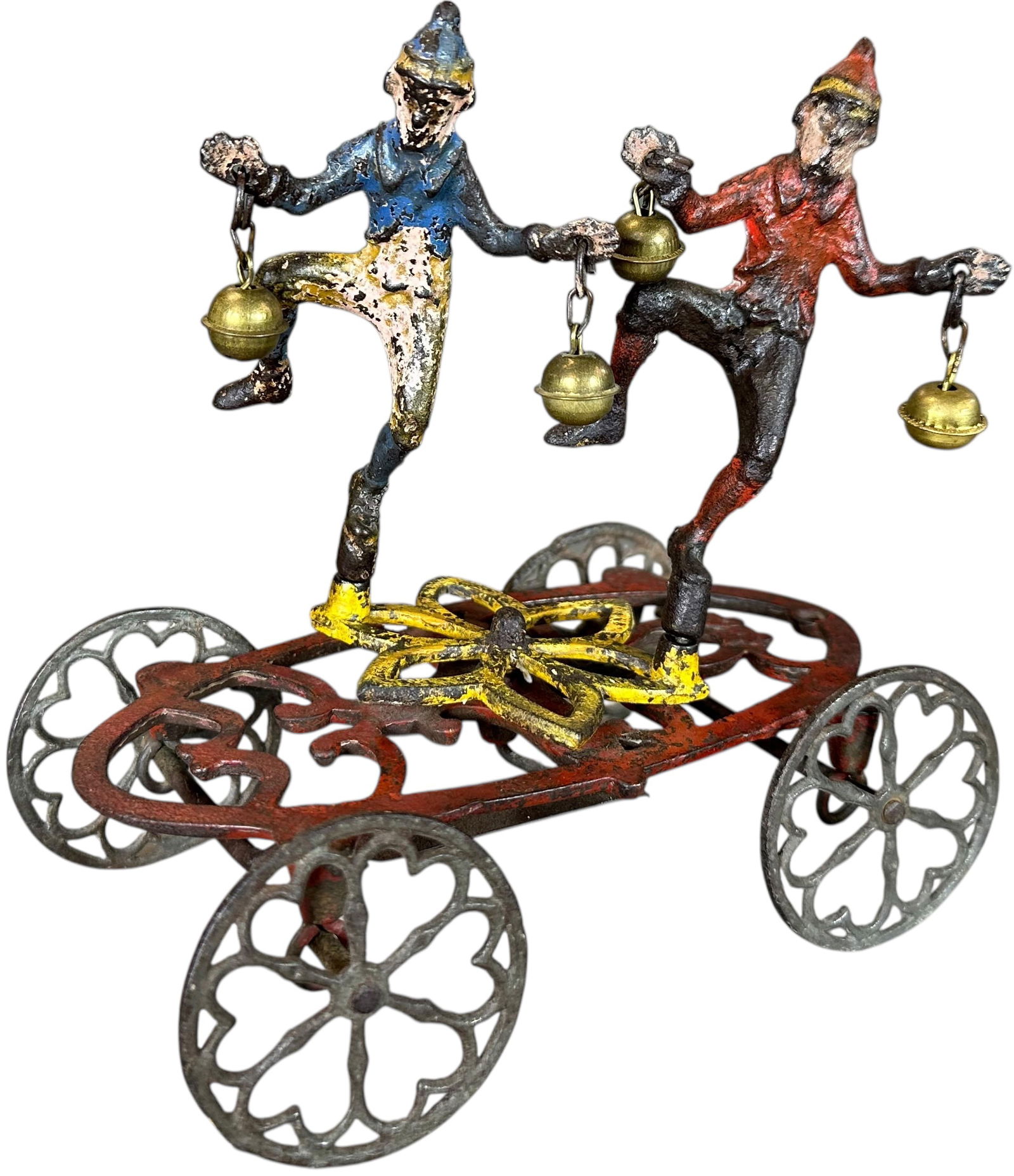 GONG BELL ACROBATS BELL TOY: 340. GONG BELL ACROBATS BELL TOY | As toy is pulled, figures sway side to side ringing bells. | 6" l. | (Very Good Condition) | $400 - $800