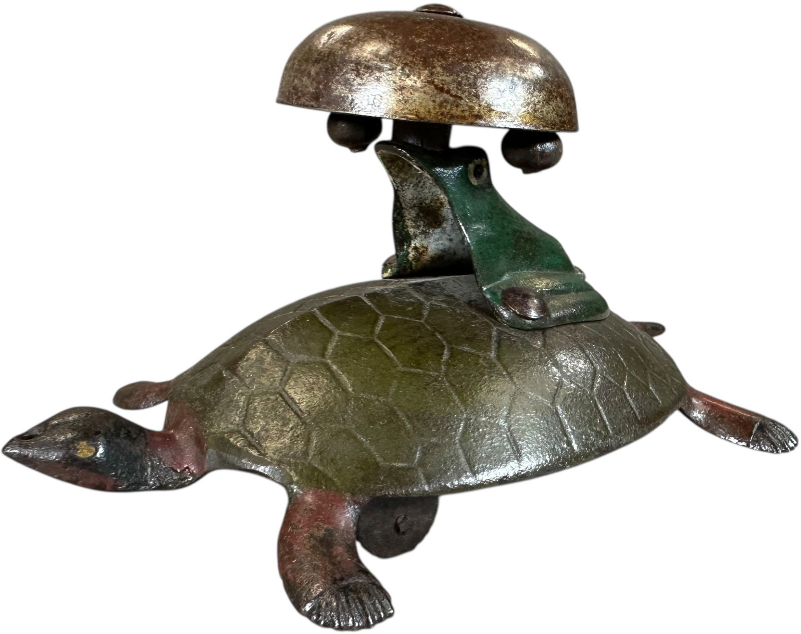 NN HILL TURTLE AND FROG BELL PULL TOY: 343. NN HILL TURTLE AND FROG BELL PULL TOY | Provenance: Richard Mueller Collection. | 7" l. | (Excellent Condition) | $250 - $500