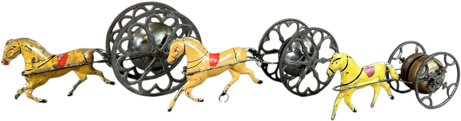 THREE FALLOWS TIN HORSE BELL CHIMER TOYS: 344. THREE FALLOWS TIN HORSE BELL CHIMER TOYS | Provenance: Richard Mueller Collection. | 6" l. | Largest example has a chipped hoof on horse (Very Good Condition), other two are complete and original