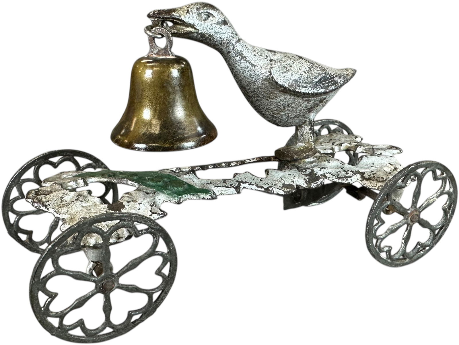 GONG BELL WADDLER BELL TOY #58: 392. GONG BELL WADDLER BELL TOY #58 | This #58 toy also appears with child ringing goose. Ex: Max Berry Collection. Provenance: Richard Mueller Collection. | 7.5" l. | Paint is all original (Very Good